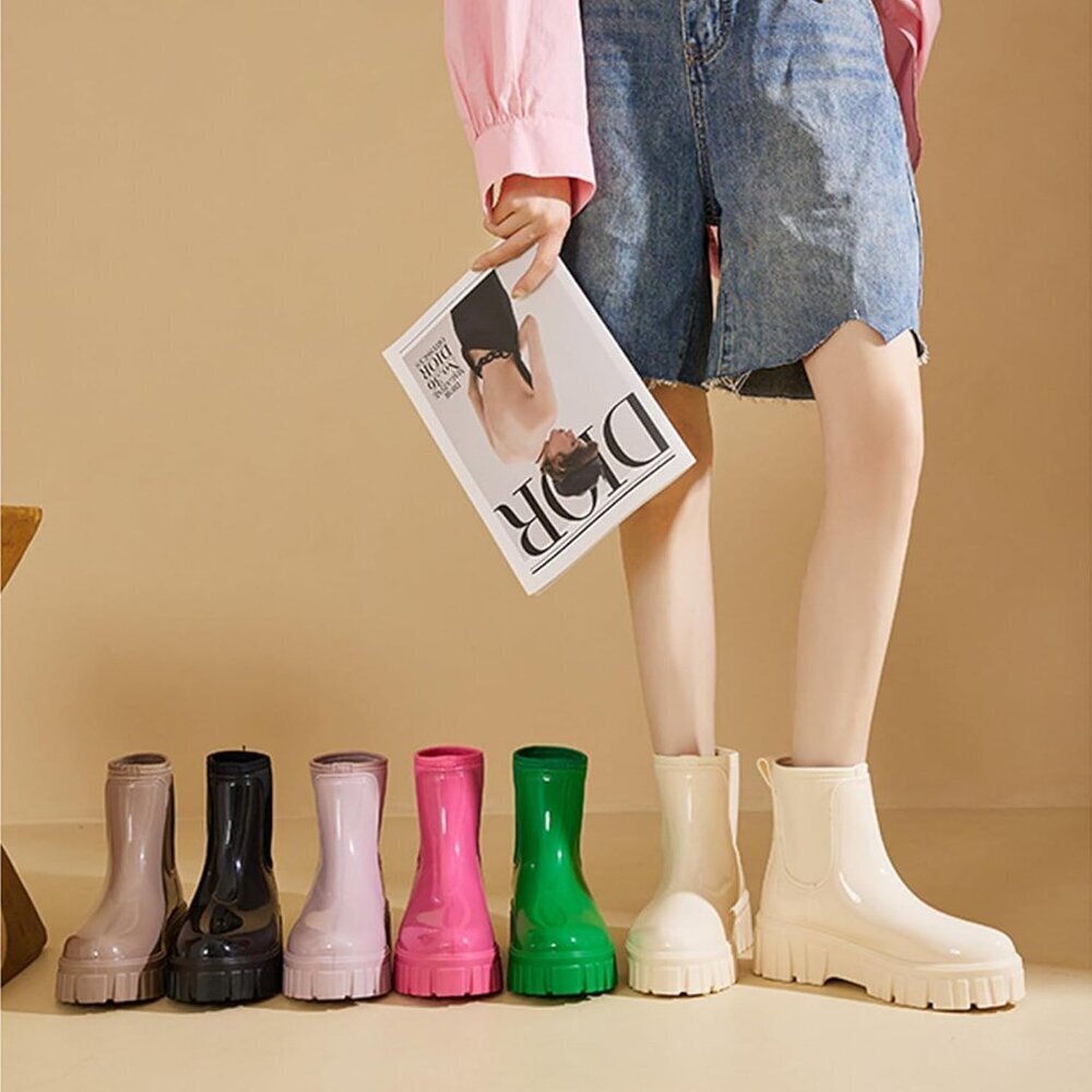Women's Pink Ankle Boots Waterproof Platform Rubber Chelsea Comfortable Shoes - Picture 3 of 6